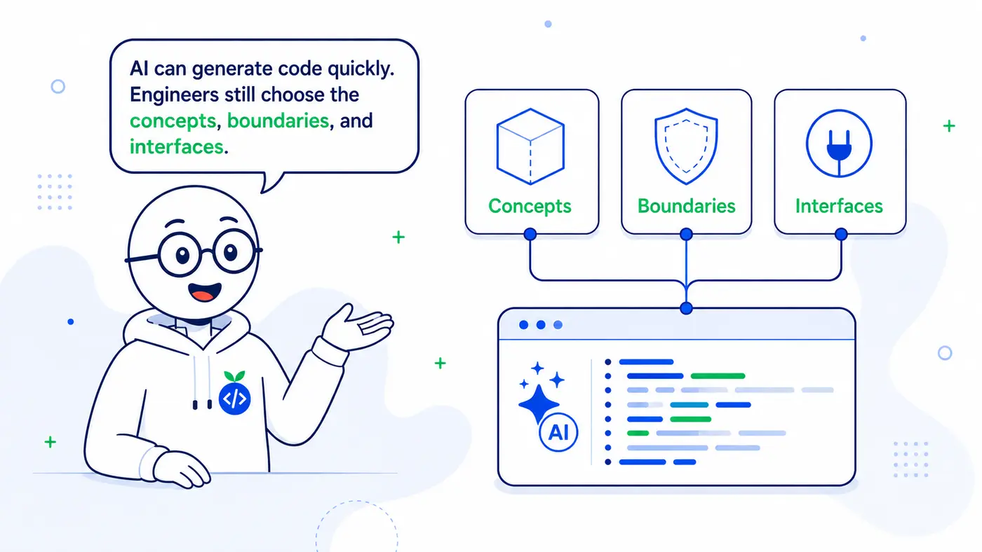Sam explains that although AI can generate code quickly, engineers still choose the concepts, boundaries, and interfaces that organize the software.