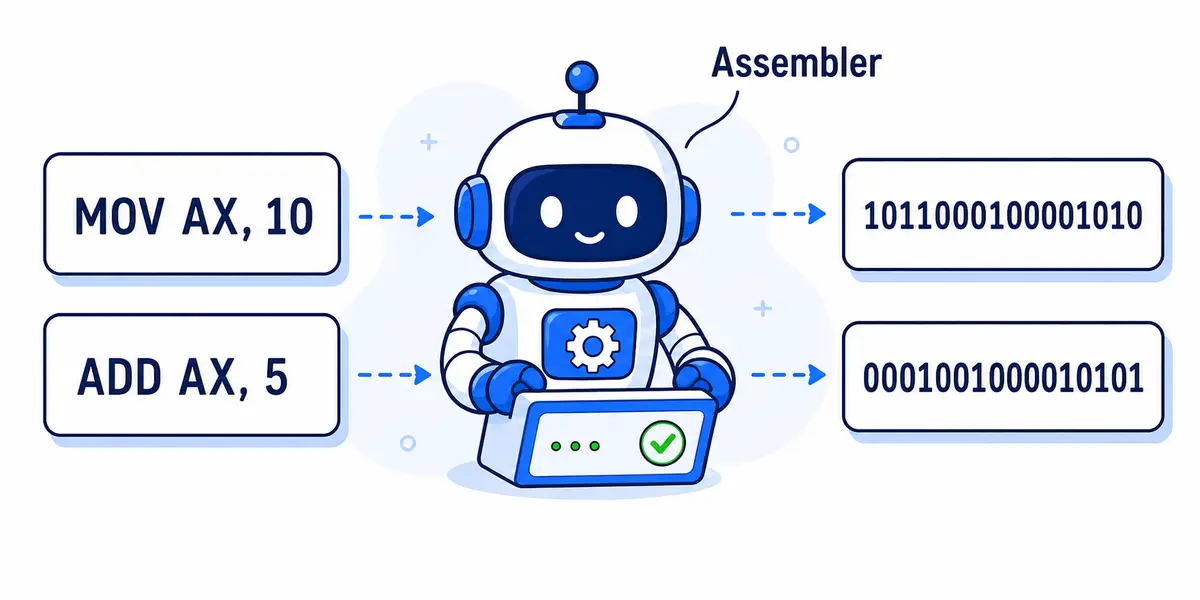 A robot assembler translating MOV and ADD assembly instructions into binary machine code.