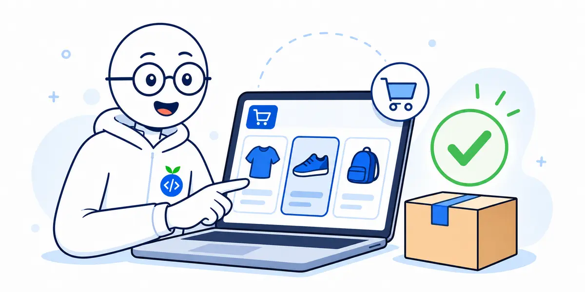 A shopper selecting a product in an online store and completing the purchase, with a parcel and confirmation check.
