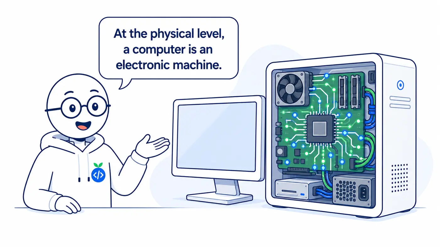 A computer exposing the electronic components and circuitry beneath its simple interface.