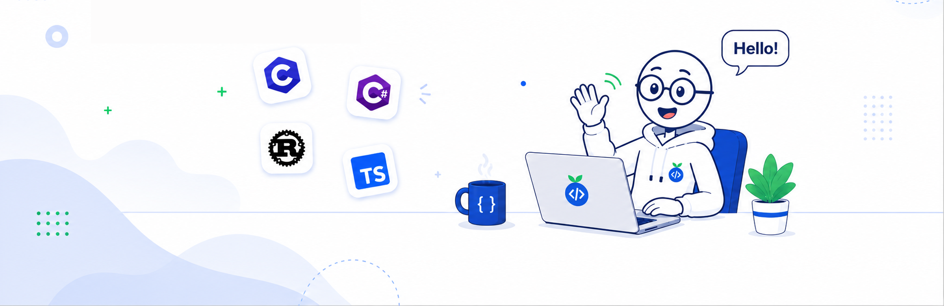 Illustration of a developer waving from behind a laptop, surrounded by software interfaces.