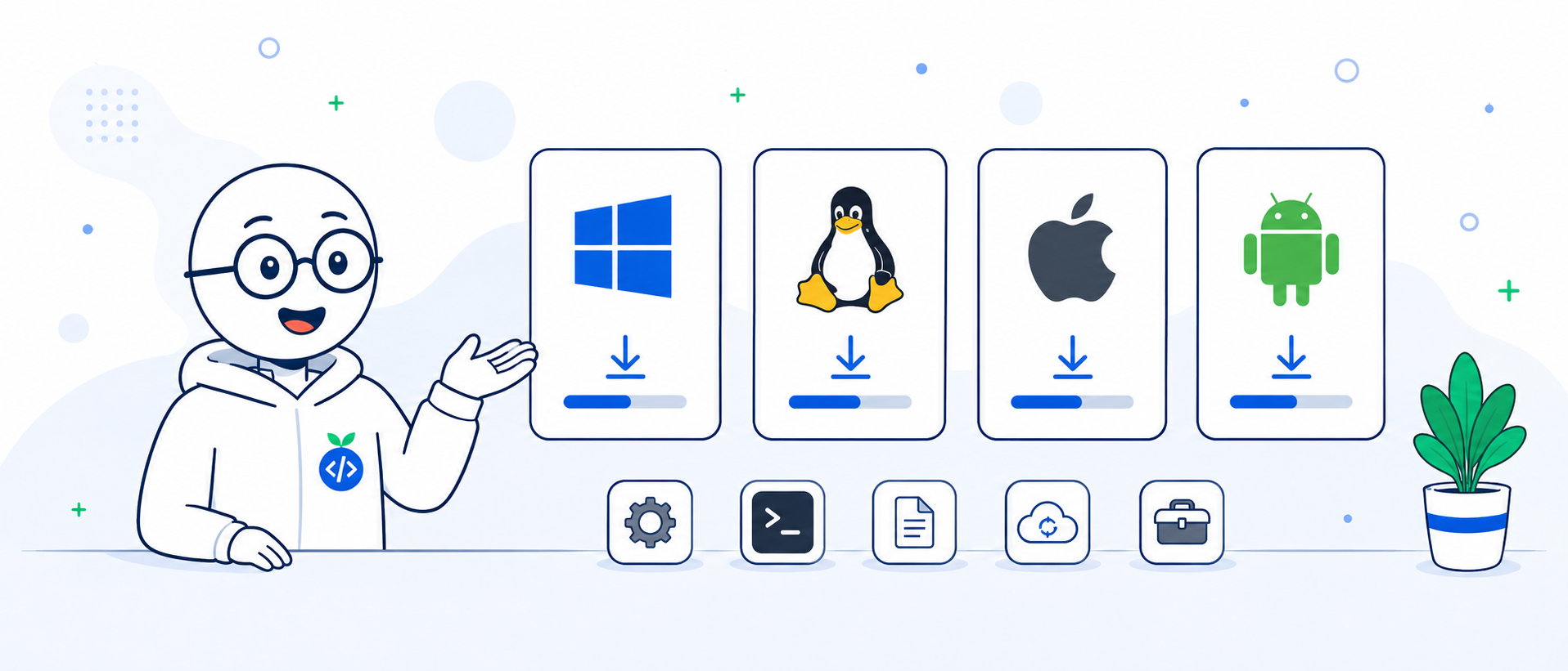 Illustration of a developer presenting download options for Windows, Linux, macOS, and Android.