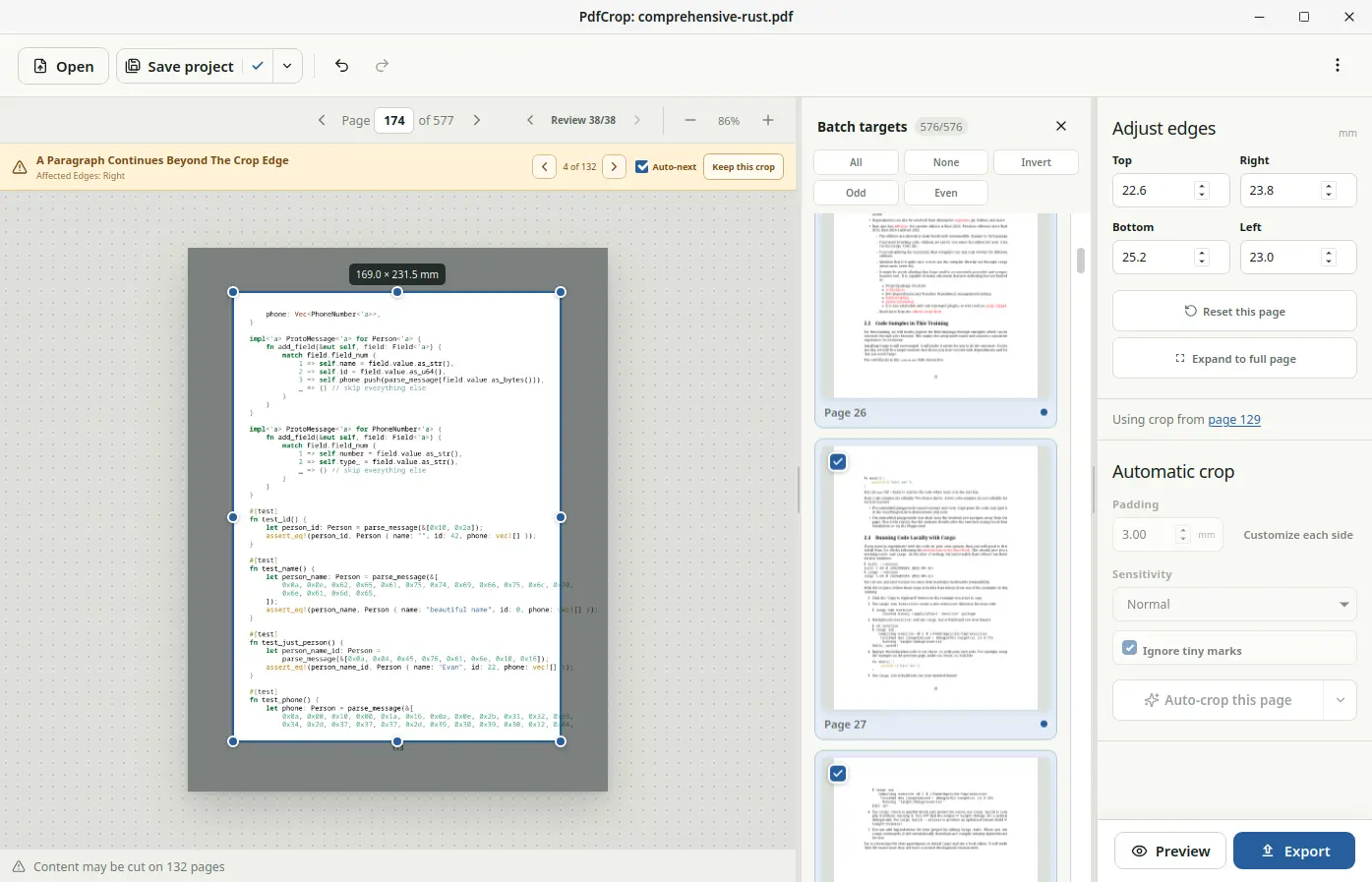 PdfCrop reviewing a warning that a paragraph continues beyond the crop edge, with affected pages listed.