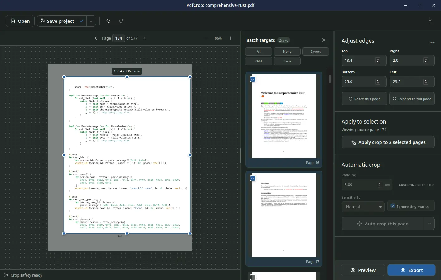 PdfCrop in dark mode showing an adjustable crop and selected pages in the batch target panel.
